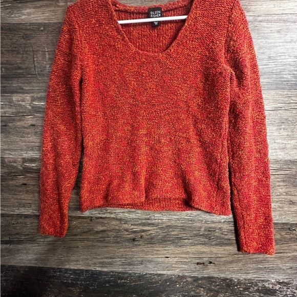 Eileen Fisher Red Orange Crew Neck Sweater Textured Knit - Picture 4 of 8